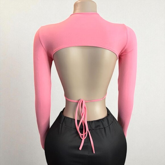 Pink Open Back Long Sleeve Cropped Top - Picture 2 of 6